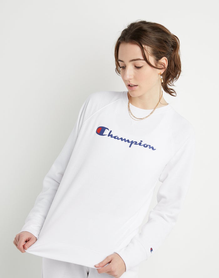 Champion Womens Sweatshirt NZ - Powerblend Fleece Classic Crew Script Logo White ( 0827-PCSEN )